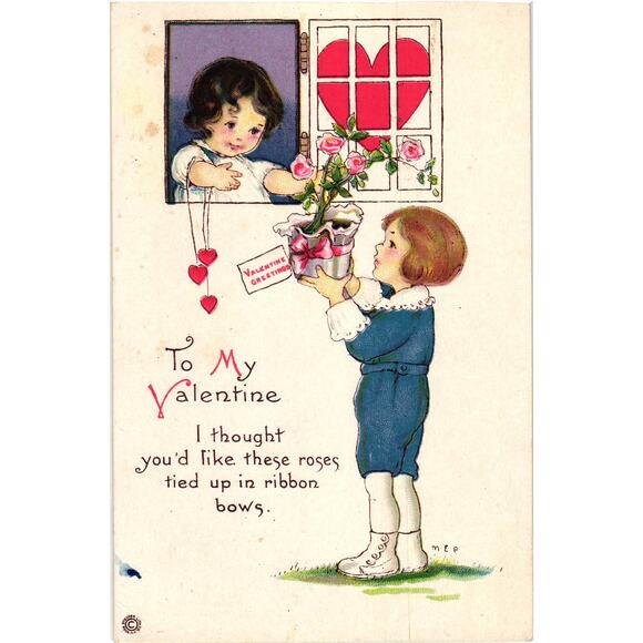 Valentines Day Postcard Antique Roses in Ribbons Embossed Noted 1922 Unposted - Picture 1 of 2